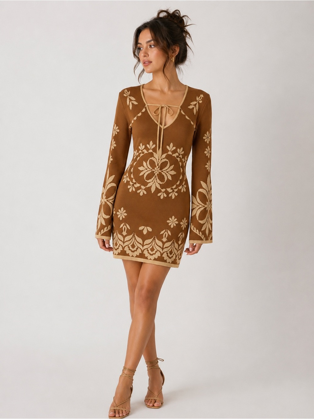 MISA Los Angeles Sahar Dress Size Large Brown & Cream Floral Knit Mini Dress